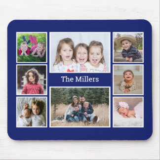 Personalised 8 Photo collage Family Name Blue Mouse Pad