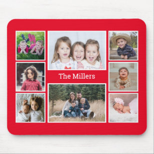 Personalised 8 Photo collage Family Name Red Mouse Pad