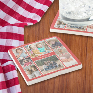 Personalised 8 Photo collage Family Name Red Stone Coaster