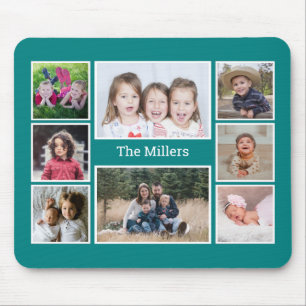 Personalised 8 Photo collage Family Name Teal Mouse Pad