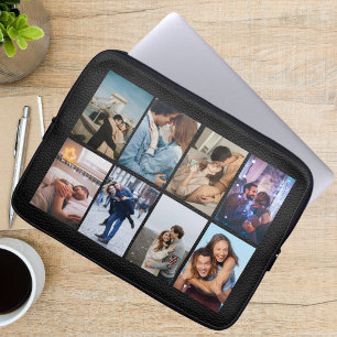 Personalised 8 Photo Collage Modern Black Leather  Laptop Sleeve