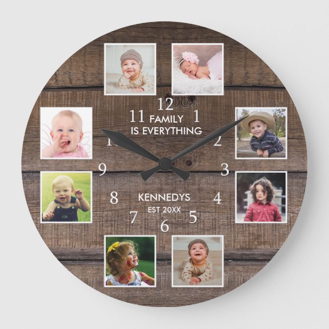 Personalised 8 Photo Collage Rustic Brown Wood Large Clock (Front)