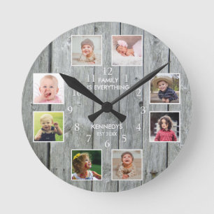 Personalised 8 Photo Collage Rustic Grey Wood Round Clock