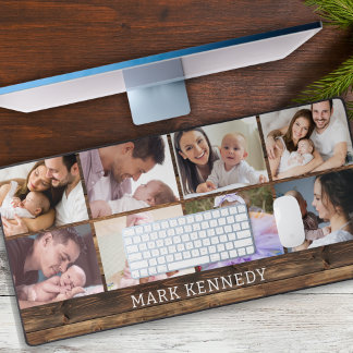 Personalised 8 Photo Collage Rustic Wood Desk Mat