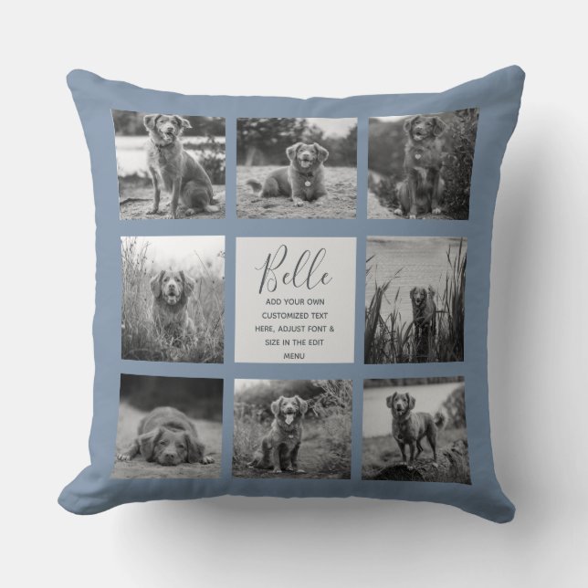 Personalised 8 Photo Collage Vintage Blue Cushion (Front)