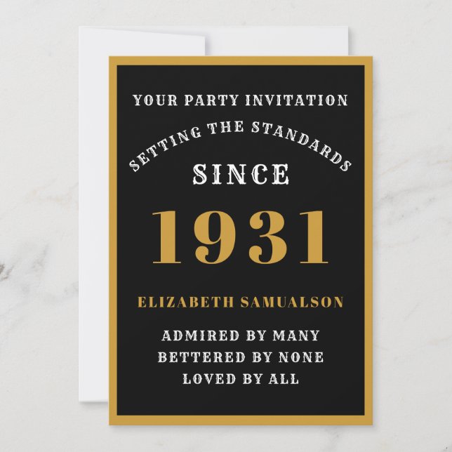 Personalised 90th Birthday 1931 Elegant Black Gold Invitation (Front)