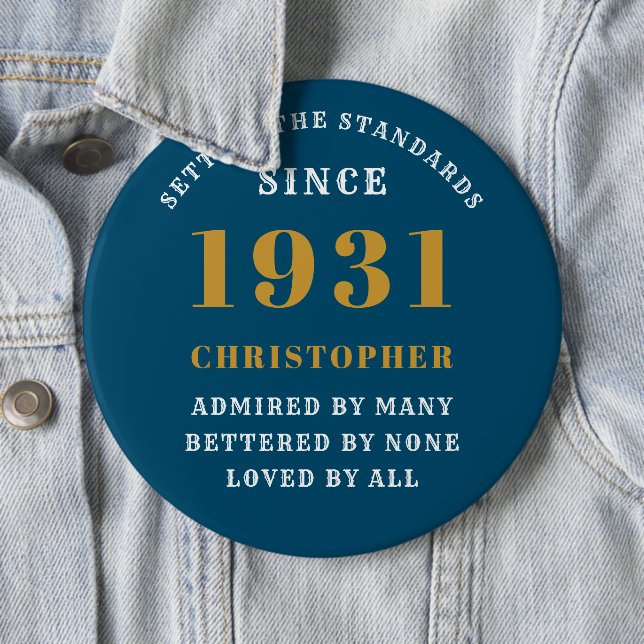 Personalised 90th Birthday 1931 Elegant Blue Gold 6 Cm Round Badge (In Situ)