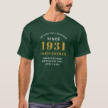 Personalised 90th Birthday 1931 Elegant Green Dad T-Shirt<br><div class="desc">90th birthday green and gold t-shirt. Easily customise the text of this born in 1931 green "Standards" shirt using the template provided. Part of the setting standards range cards and gifts..</div>