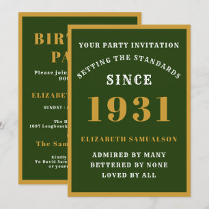 Personalised 90th Birthday 1931 Elegant Green Gold Invitation