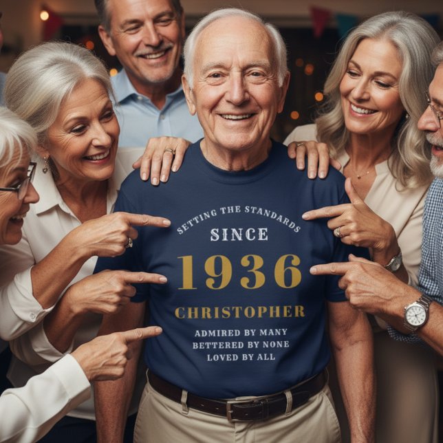 Personalised 90th Birthday 1936 Add Name Blue Gold T-Shirt (Personalized 1936 blue tshirt on an older man surrounded by friends.)