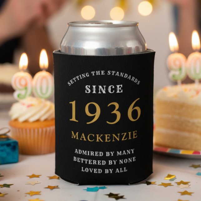 Personalised 90th Birthday 1936 Black Gold Huge Can Cooler (90th birthday can cooler blurred backround.)