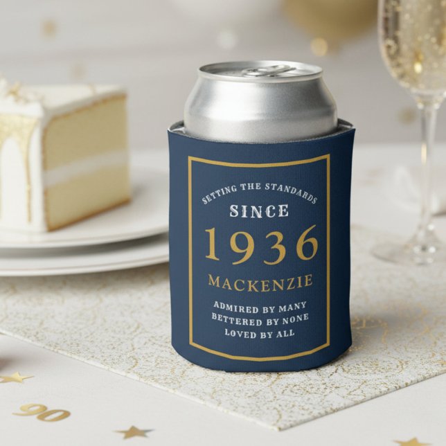 Personalised 90th Birthday 1936 Elegant Blue Gold Can Cooler (1936 blue can cooler. White background.)