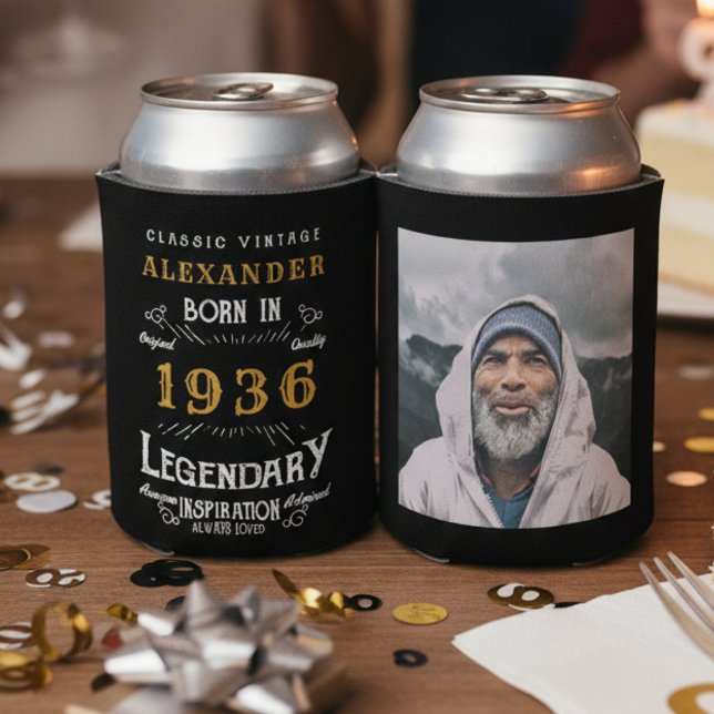Personalised 90th Birthday Add Name Year Photo Can Cooler (90th birthday can coolers on a party table.)