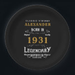 Personalised 90th Birthday Born 1931 Vintage Black Paper Plate<br><div class="desc">A personalised classic paper plate design for that birthday celebration for somebody born in 1931. Add the name to this vintage retro style black, white and gold design for a custom birthday gift. Easily edit the name and year with the template provided. A wonderful custom black birthday gift. More gifts...</div>