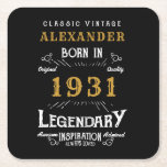 Personalised 90th Birthday Born 1931 Vintage Black Square Paper Coaster<br><div class="desc">A personalised classic paper coaster design for that birthday celebration for somebody born in 1931 and turning 90. Add the name to this vintage retro style black, white and gold design for a custom 90th birthday gift. Easily edit the name and year with the template provided. A wonderful custom black...</div>