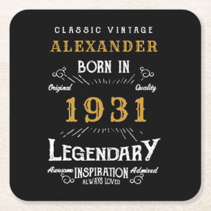 Personalised 90th Birthday Born 1931 Vintage Black Square Paper Coaster