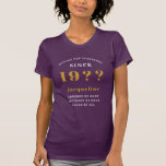 Personalised 90th Birthday Purple Gold For Her T-Shirt<br><div class="desc">Personalised birthday gold on a purple ladies Tshirt. Easily customise the text on this "Birthday" T shirt using the template provided.</div>