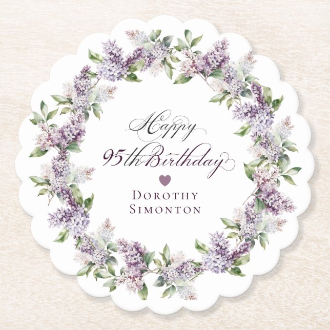 Personalised 95th Birthday Purple Lilac Flower Paper Coaster (Front)