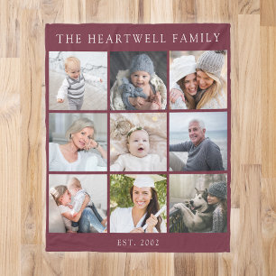 Personalised 9 Photo Collage Family Burgundy Red Fleece Blanket