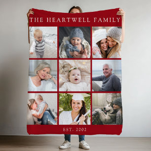 Personalised 9 Photo Collage Family Cranberry Red Fleece Blanket