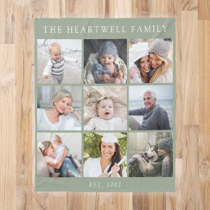 Personalised 9 Photo Collage Family Sage Green Fleece Blanket