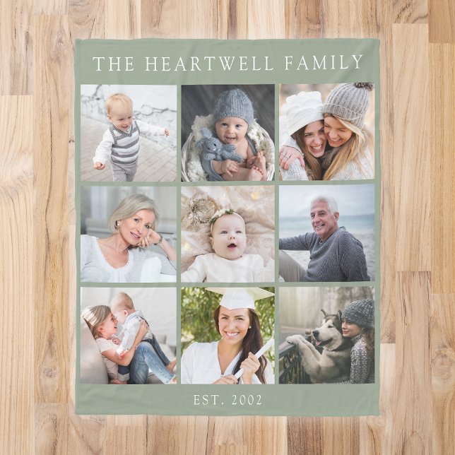 Personalised 9 Photo Collage Family Sage Green Fleece Blanket (Creator Uploaded)