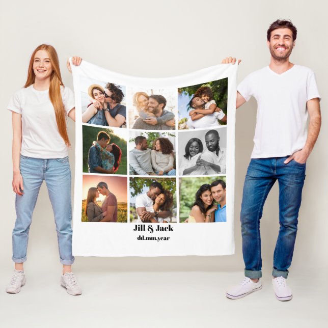 Personalised 9 Photo Collage Template for Couples Fleece Blanket (In Situ)