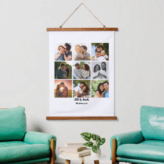 Personalised 9 Photo Collage Template for Couples Hanging Tapestry