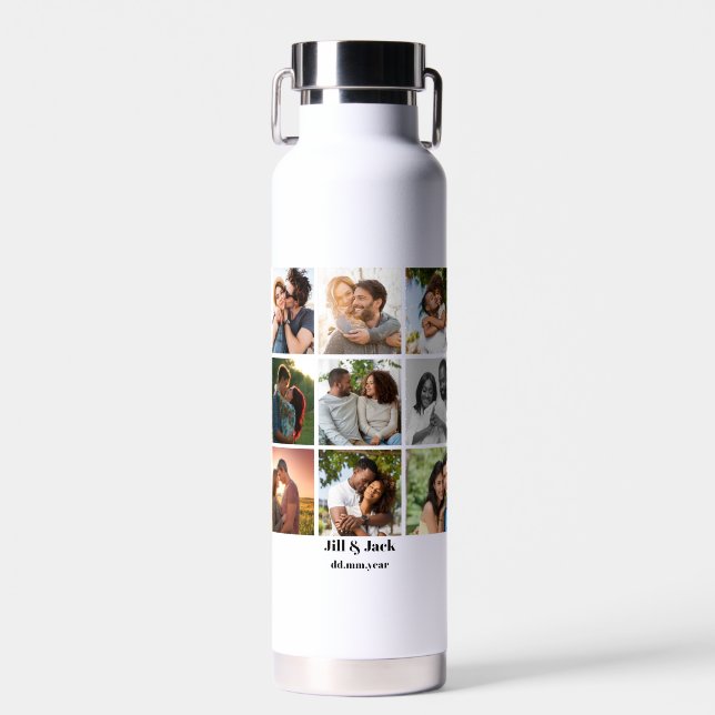 Personalised 9 Photo Collage Template for Couples Water Bottle (Front)