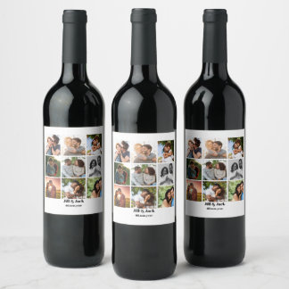 Personalised 9 Photo Collage Template for Couples Wine Label