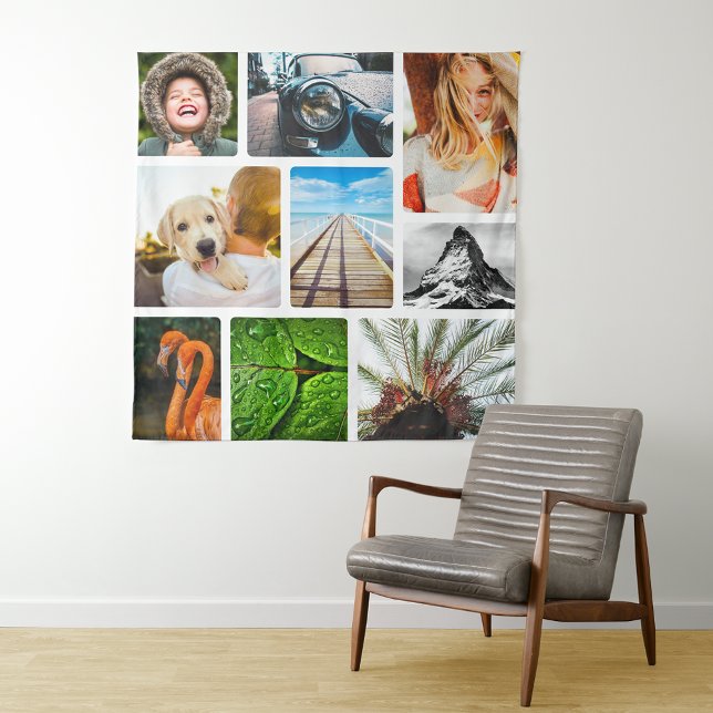 Personalised 9 Photo Collage Template Framed White Tapestry (Creator Uploaded)