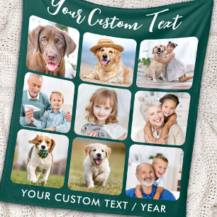 Personalised 9 Photo Collage Trendy Emerald Green Fleece Blanket