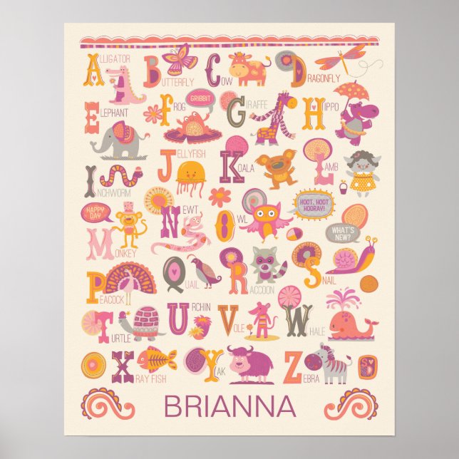 Personalised ABC Animal Alphabet Girl Poster (Front)