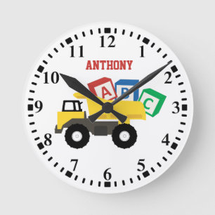 Personalised ABC Dump Truck Construction Trucks Round Clock