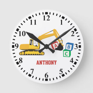 Personalised ABC Excavator Construction Truck Round Clock