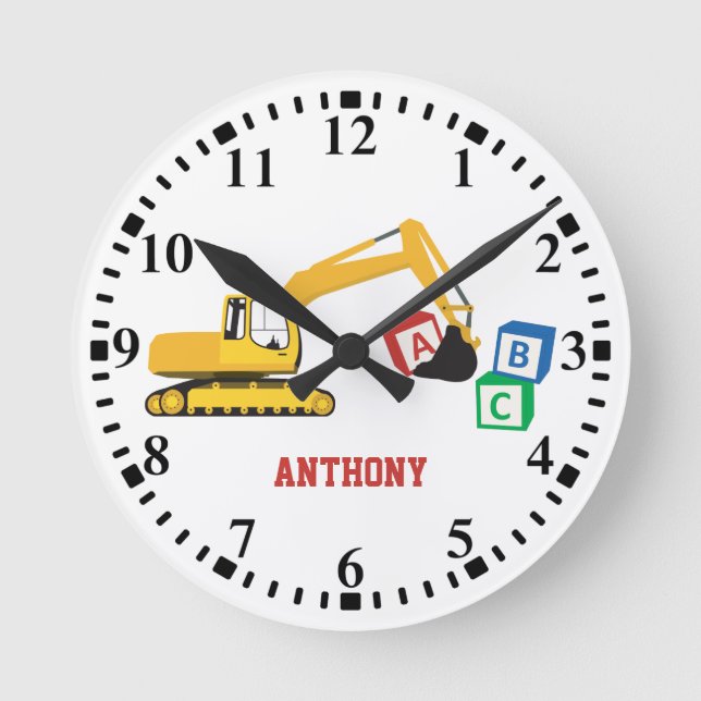 Personalised ABC Excavator Construction Truck Round Clock (Front)