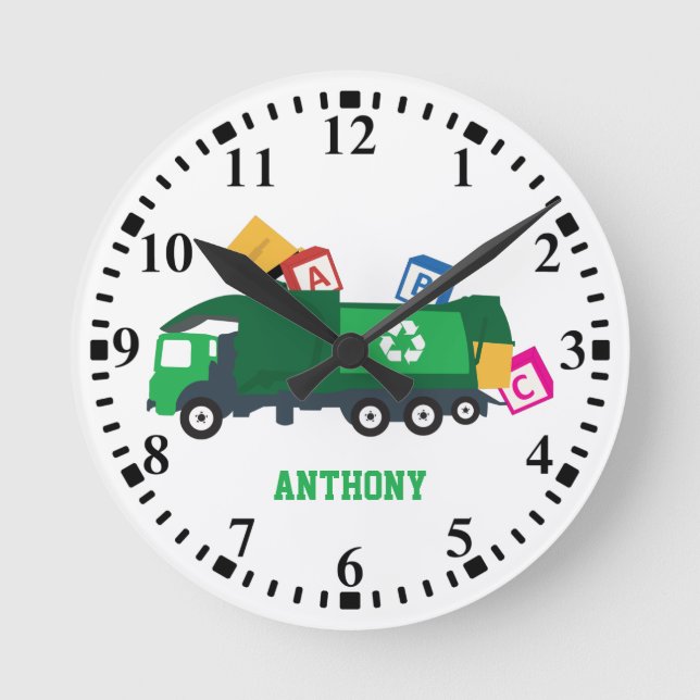 Personalised ABC Recycling Garbage Truck Round Clock (Front)