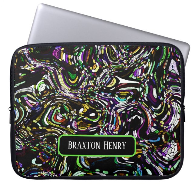Personalised Abstract Art Black Swirl Green Laptop Sleeve (Front)