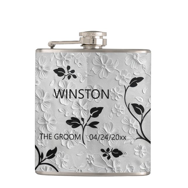 Personalised Abstract Black & White Florals Hip Flask (Front)