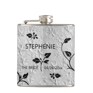 Personalised Abstract Black & White Florals Hip Flask