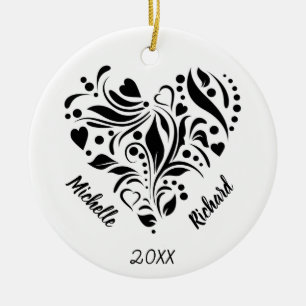 Personalised Abstract Black & White Heart Design Ceramic Ornament