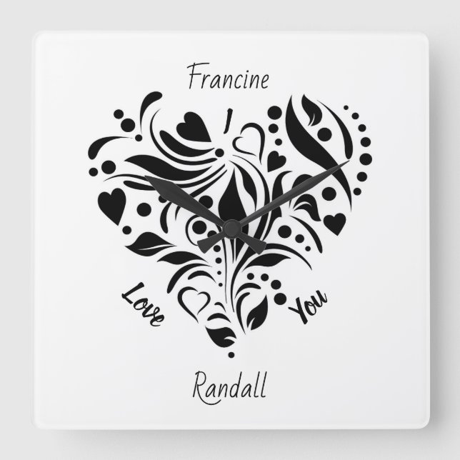 Personalised Abstract Black & White Heart Design  Square Wall Clock (Front)