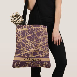 Personalised Abstract Faux Gold Threads on Maroon Tote Bag
