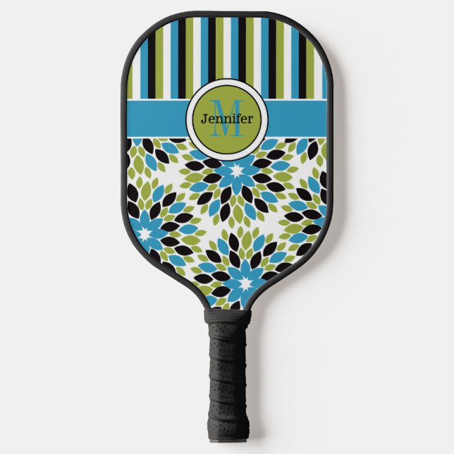 Personalised Abstract Floral, Stripes, Monogrammed Pickleball Paddle (Front)