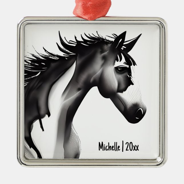  Personalised Abstract Horse Black/White Christmas Metal Ornament (Front)