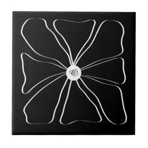Personalised Abstract Modern Flower White Black Ceramic Tile
