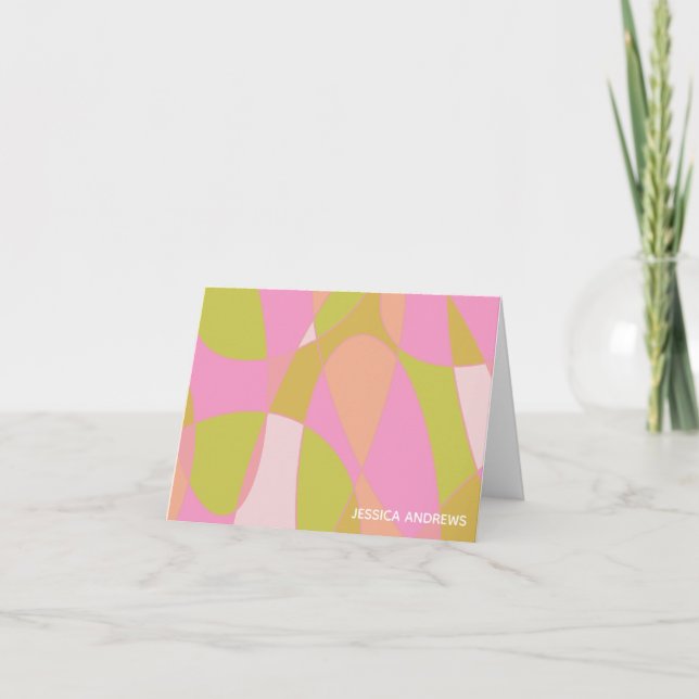 Personalised Abstract Pink Green Modern Geometric Note Card (Front)
