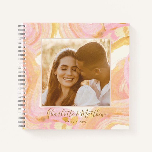 Personalised Abstract Pink Photo Wedding Planning Notebook (Front)