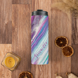 Personalised Abstract Purple Teal Glittery Thermal Tumbler
