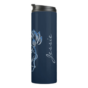 Personalised Add Name Navy Blue Lotus Painting Thermal Tumbler